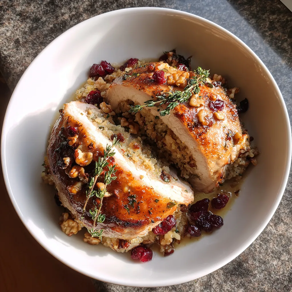 A plate of pork chops with a stuffing of apples and walnuts.