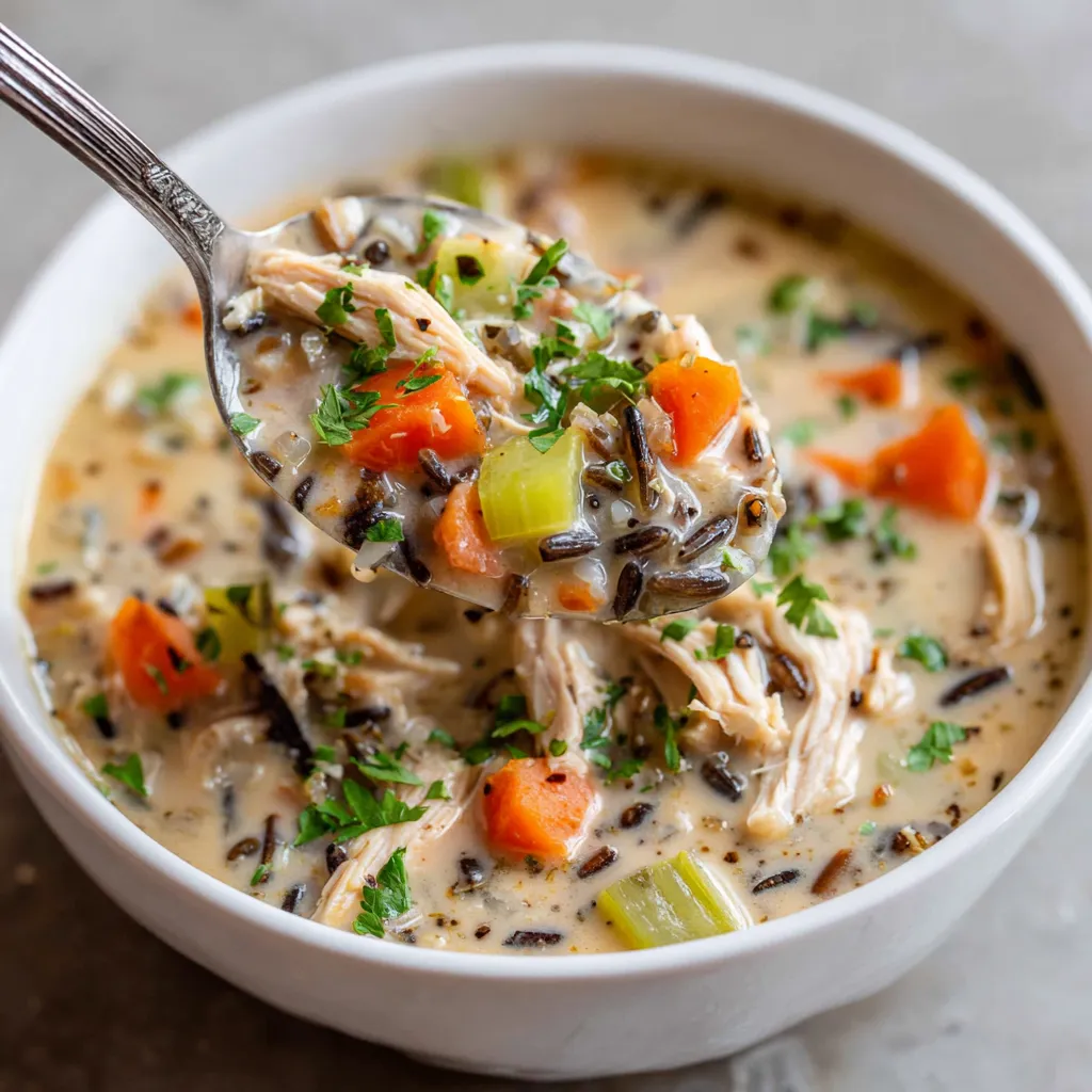 A bowl of creamy chicken and wild rice soup.