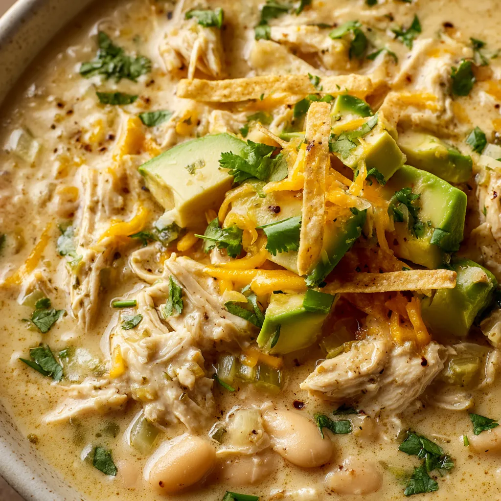 A bowl of chicken chili with cheese and avocado.