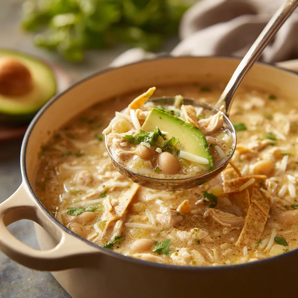 A spoon is in a bowl of chicken chili.