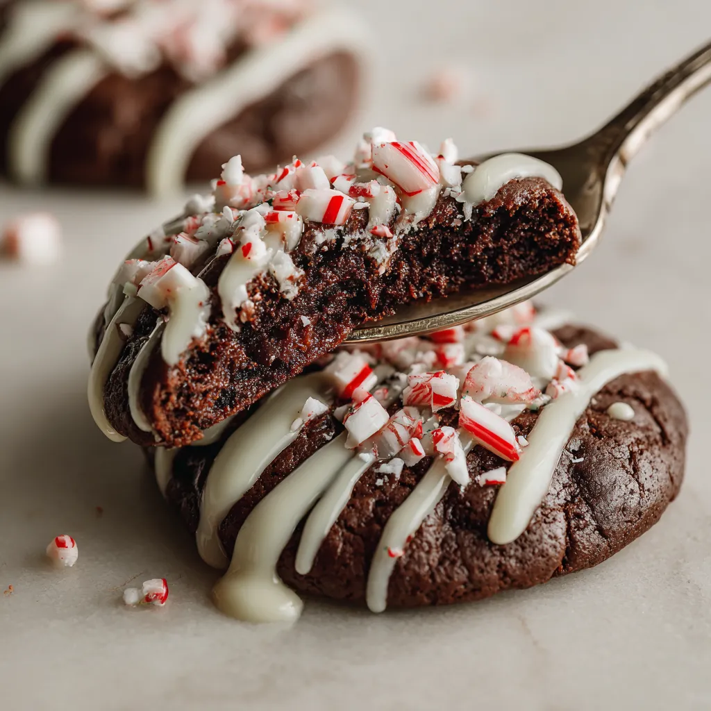 A chocolate peppermint bark cookie with white icing.