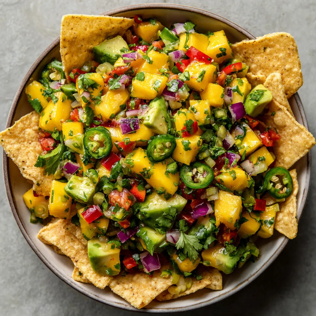 A bowl of mango avocado salsa with tortilla chips.