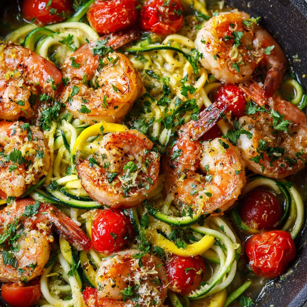 A dish of garlic butter shrimp scampi with zucchini noodles.
