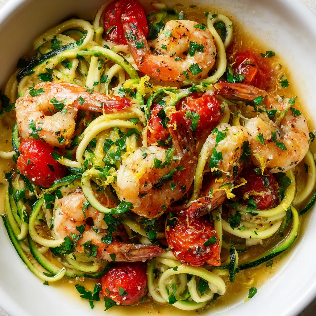 A bowl of garlic butter shrimp scampi with zucchini noodles.