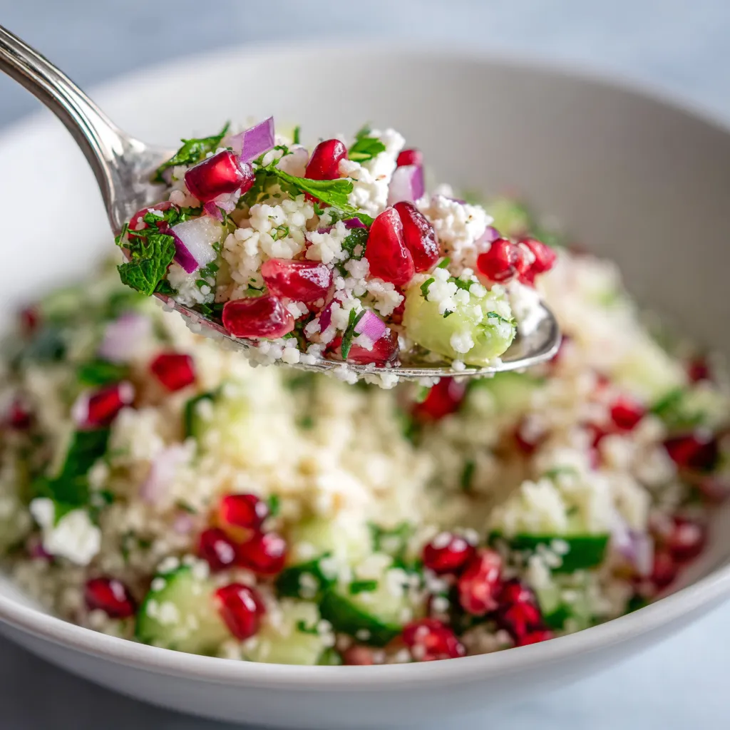 A spoon is in a bowl of feta and pomegranate couscous salad.