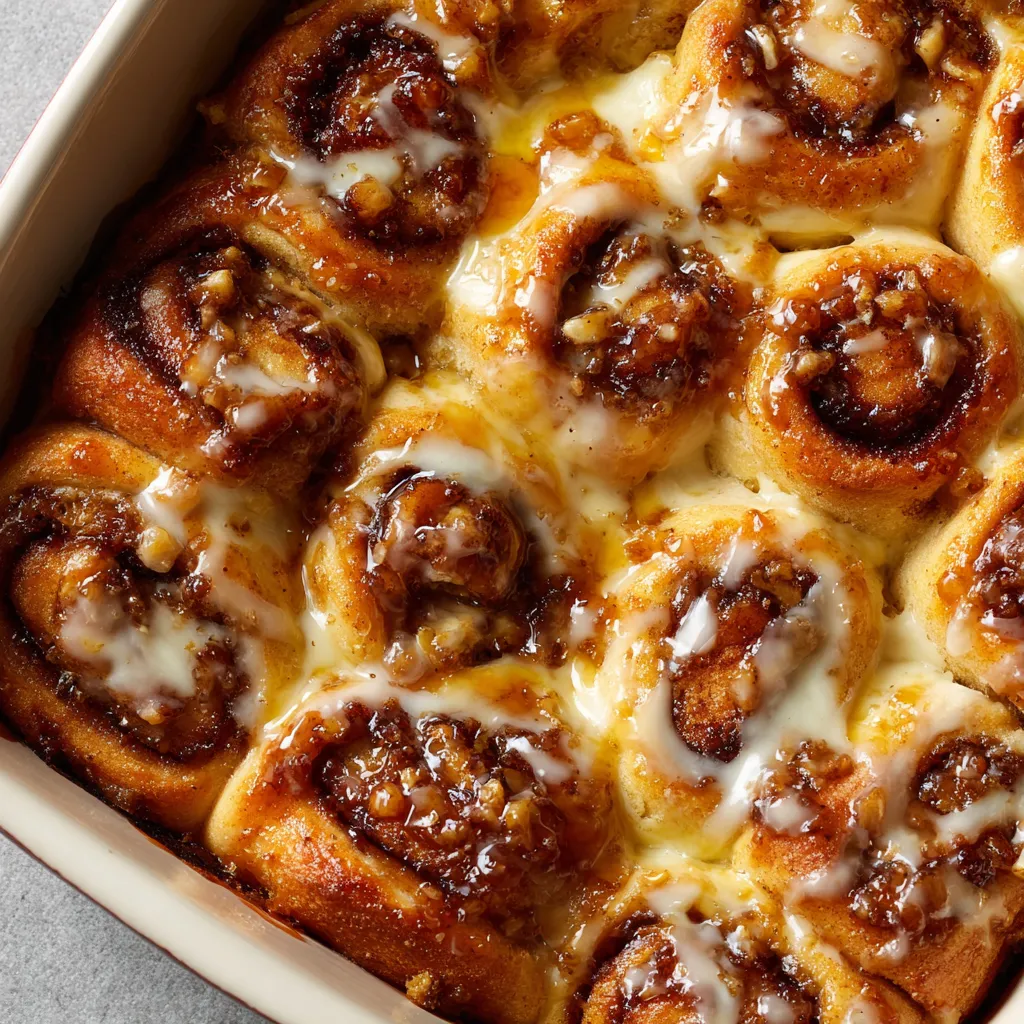 A cinnamon roll casserole in a white bowl.