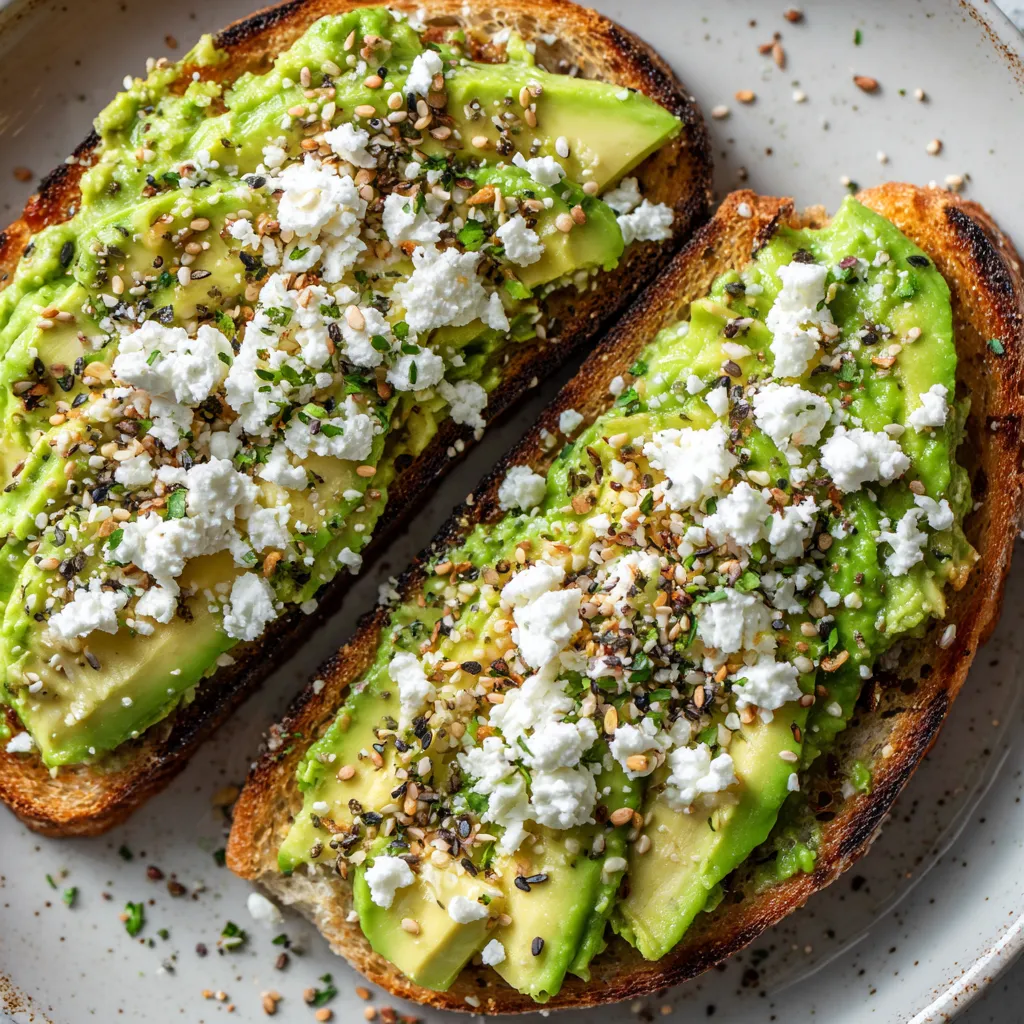 Two pieces of toast with avocado and feta cheese on top.