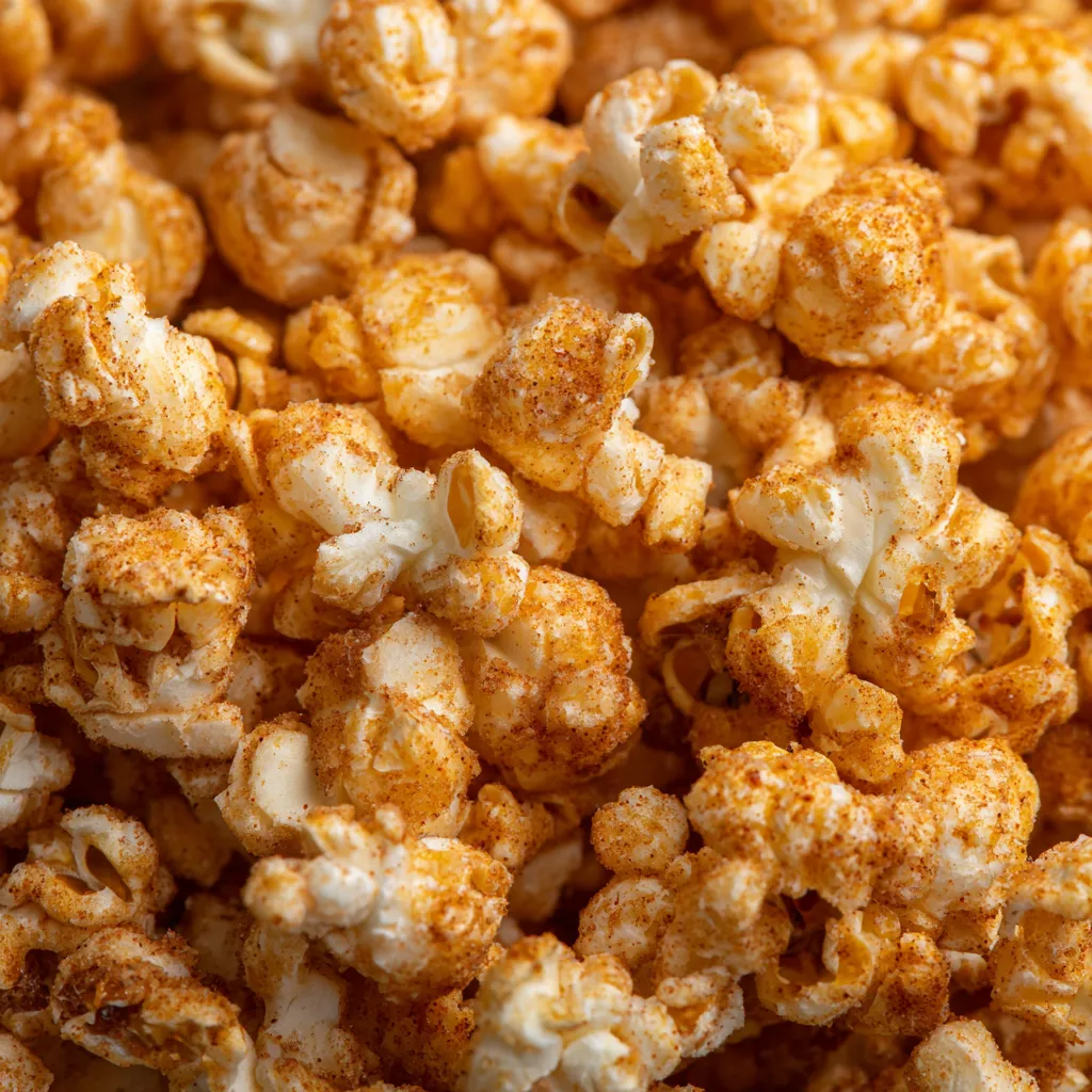 A close up of cinnamon and sugar spiced popcorn.