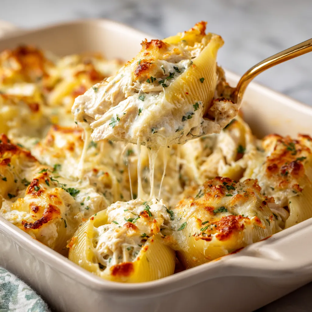 A dish of chicken and garlic alfredo stuffed shells.