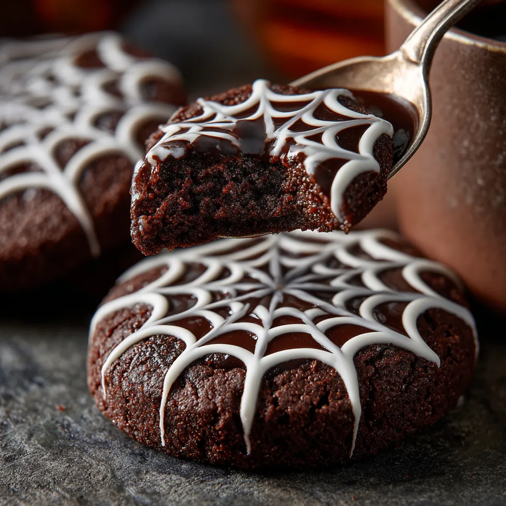 A spooky spiderweb chocolate cookie.