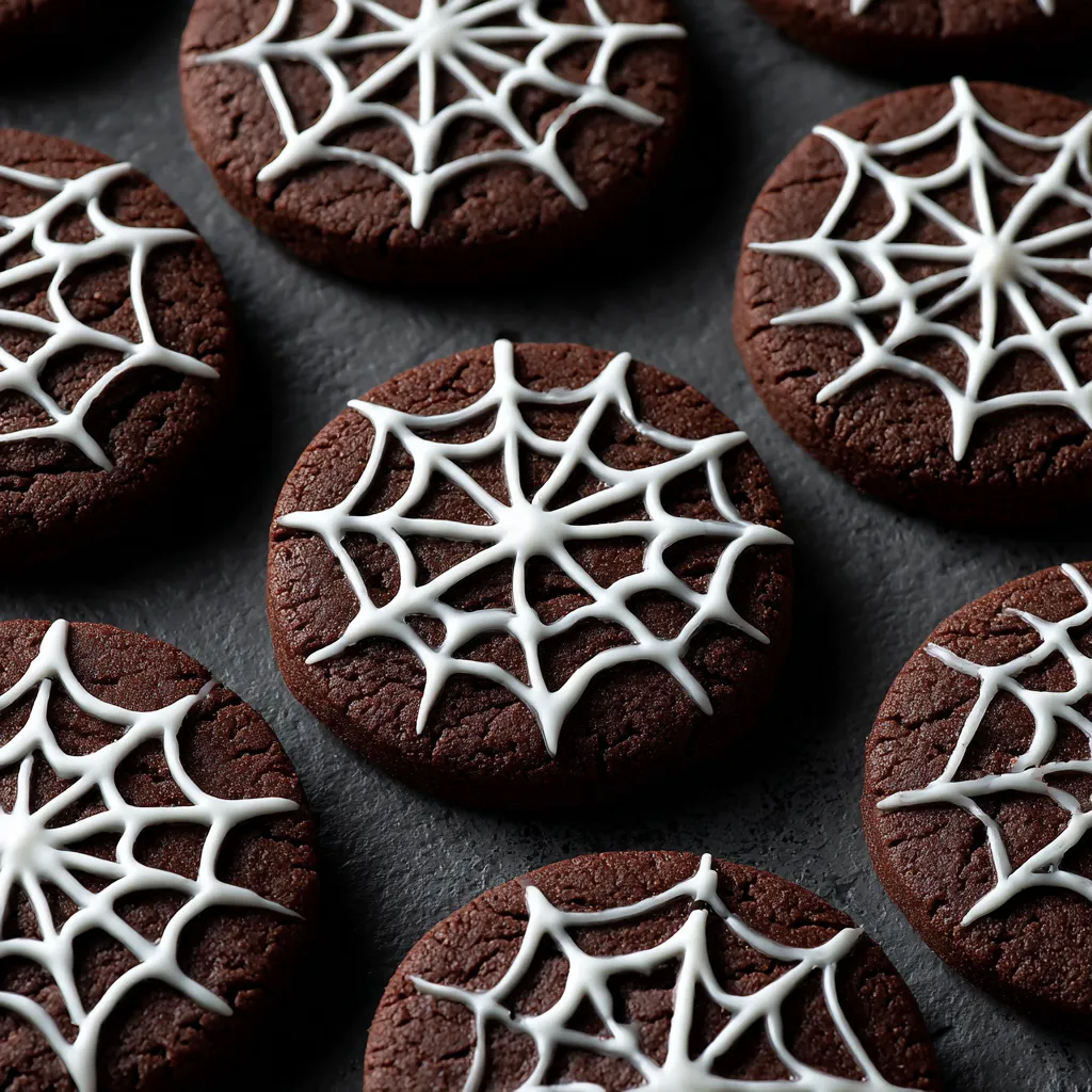 A plate of chocolate cookies with white icing and a spider web design.