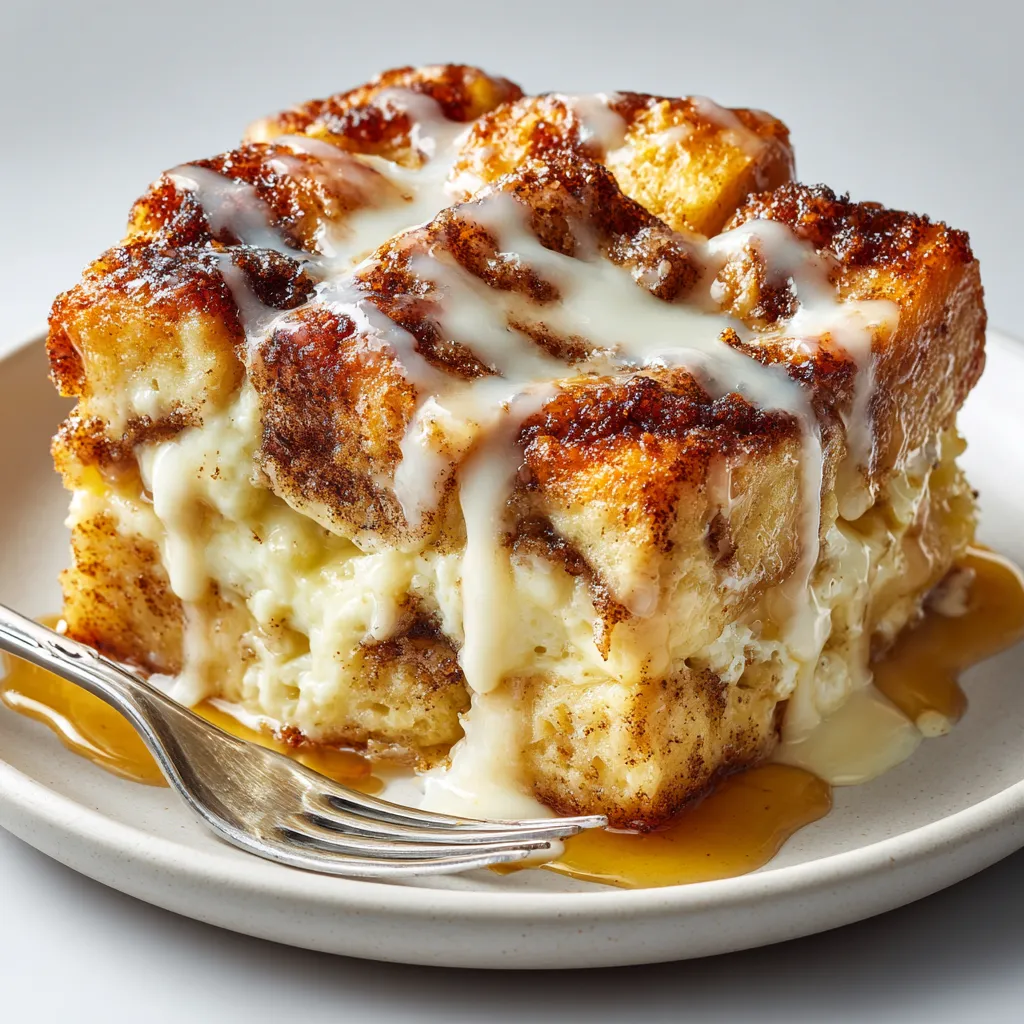 A cinnamon roll bread pudding on a plate.