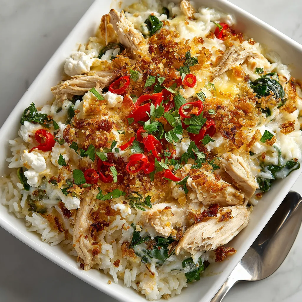 A bowl of chicken, rice, and feta casserole.