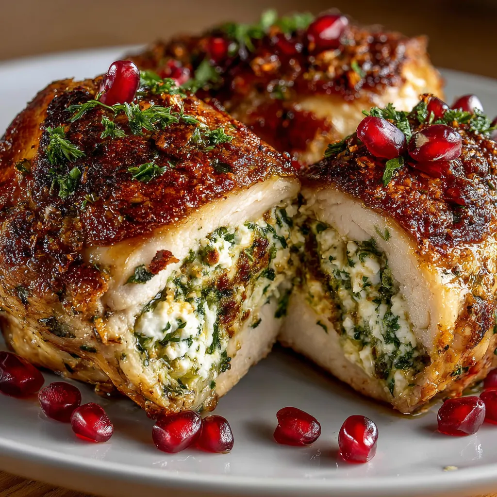 A plate of stuffed chicken with pomegranate and ricotta.