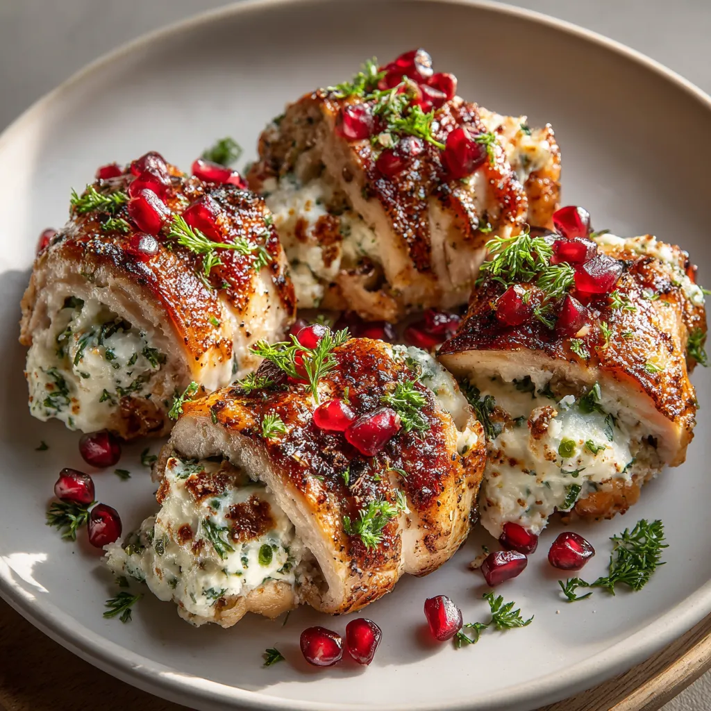 A plate of chicken with pomegranate and ricotta stuffing.