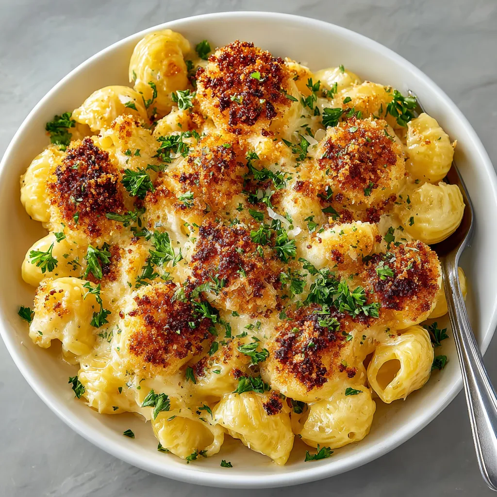 A bowl of garlic Parmesan mac and cheese.