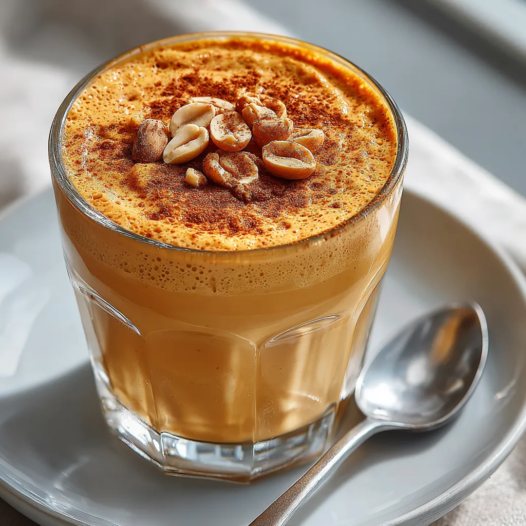 A glass of a sweet potato and peanut butter protein smoothie.