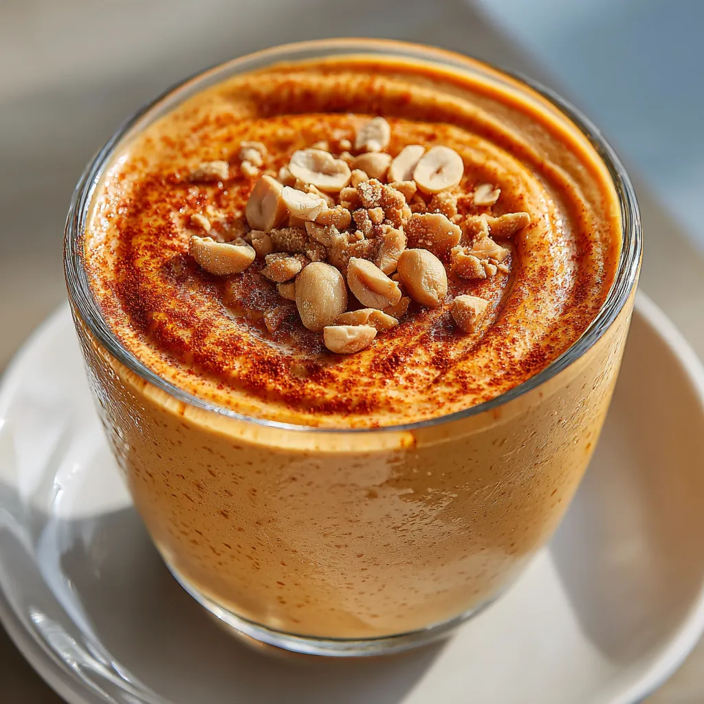 A glass of sweet potato and peanut butter protein smoothie.