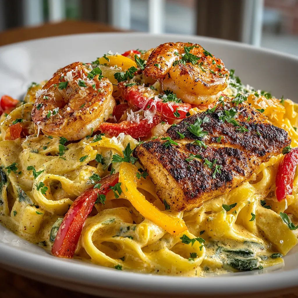 A plate of Cajun Chicken and Shrimp Pasta.