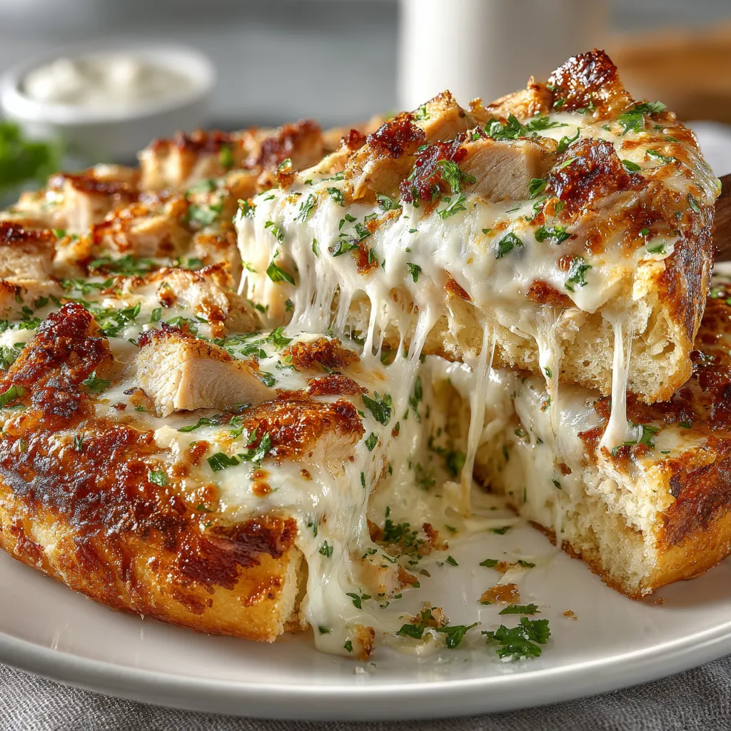 A slice of garlic alfredo chicken pizza.