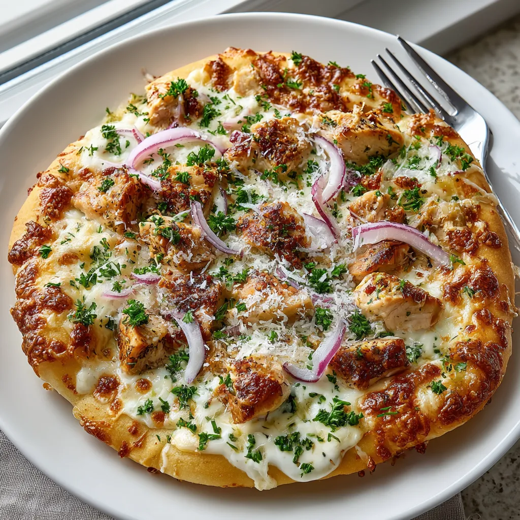 A pizza with chicken and onions on it.