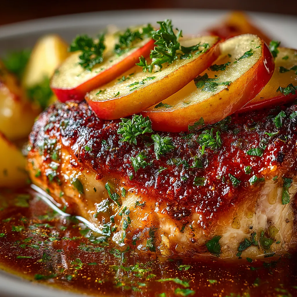 A plate of chicken with apples and cinnamon on top.