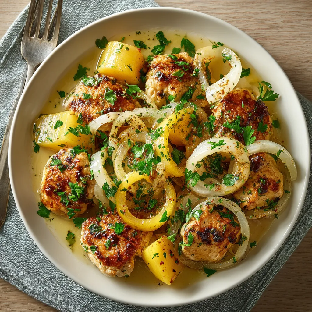 A plate of baked chicken with onions and apples.