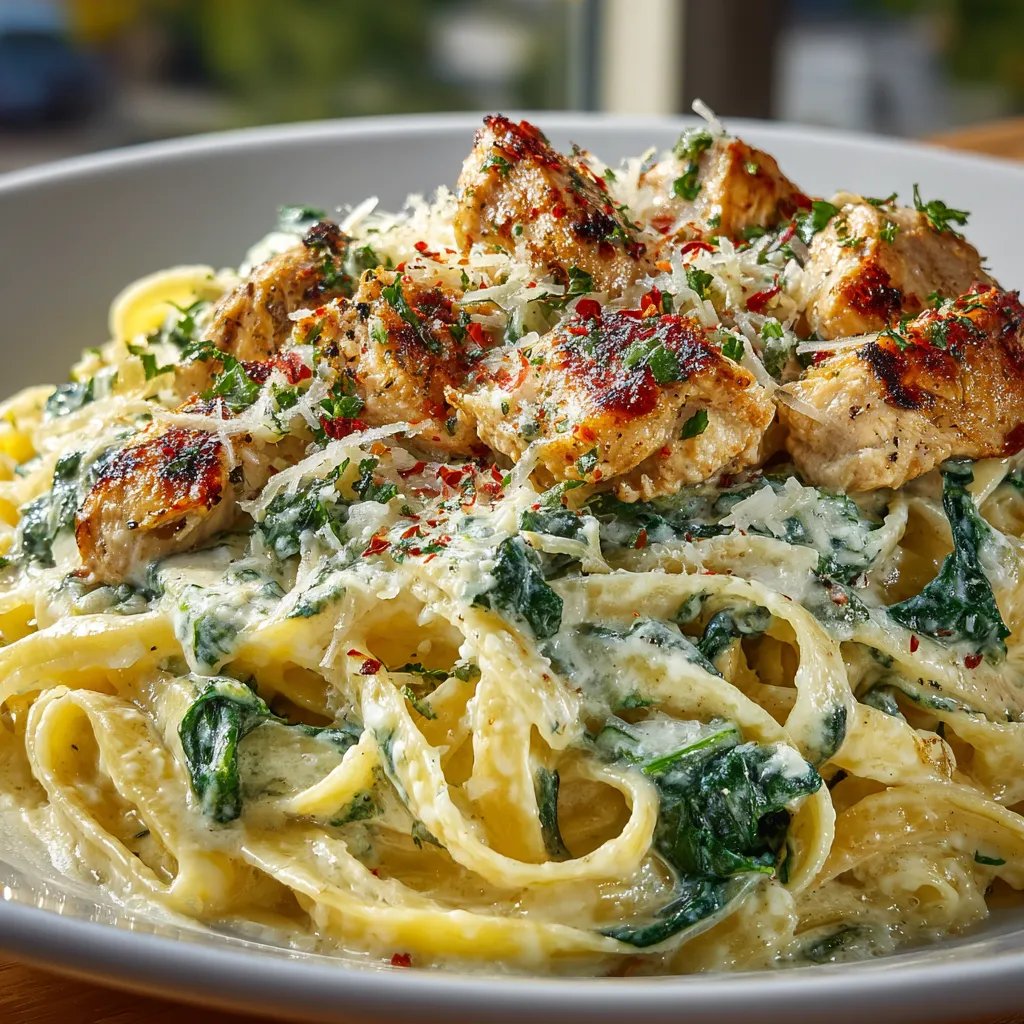 A plate of creamy chicken alfredo pasta.