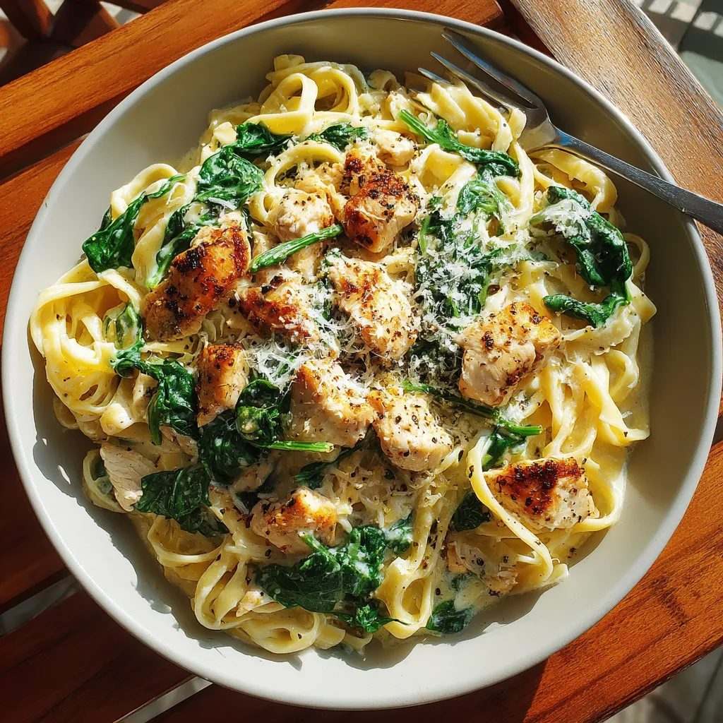A bowl of creamy chicken alfredo pasta.