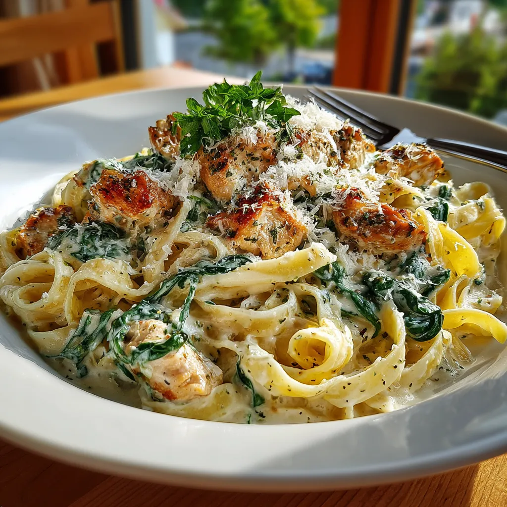 A plate of creamy chicken alfredo pasta.
