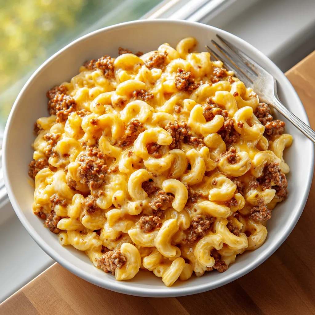A bowl of macaroni and cheese with beef.