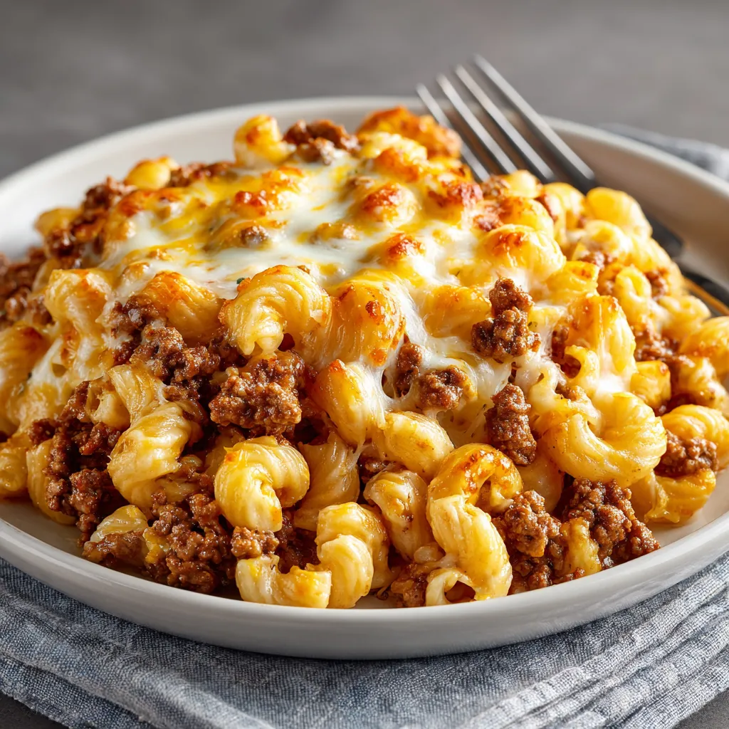 A plate of macaroni and cheese with meat.
