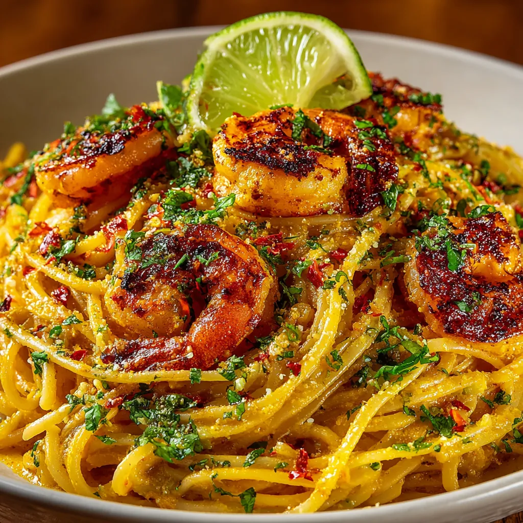 A bowl of creamy coconut shrimp pasta.