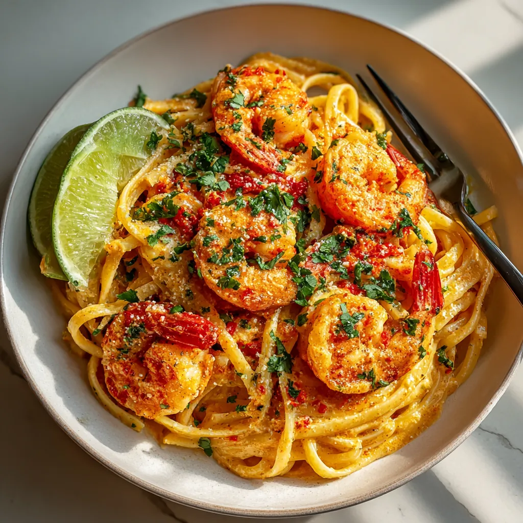 A bowl of creamy coconut shrimp pasta.