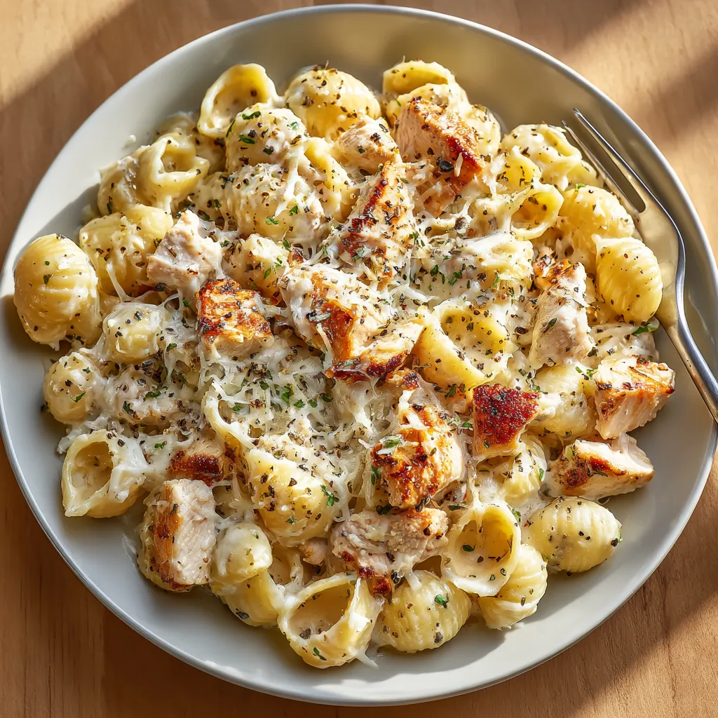 A plate of pasta with chicken and cheese.