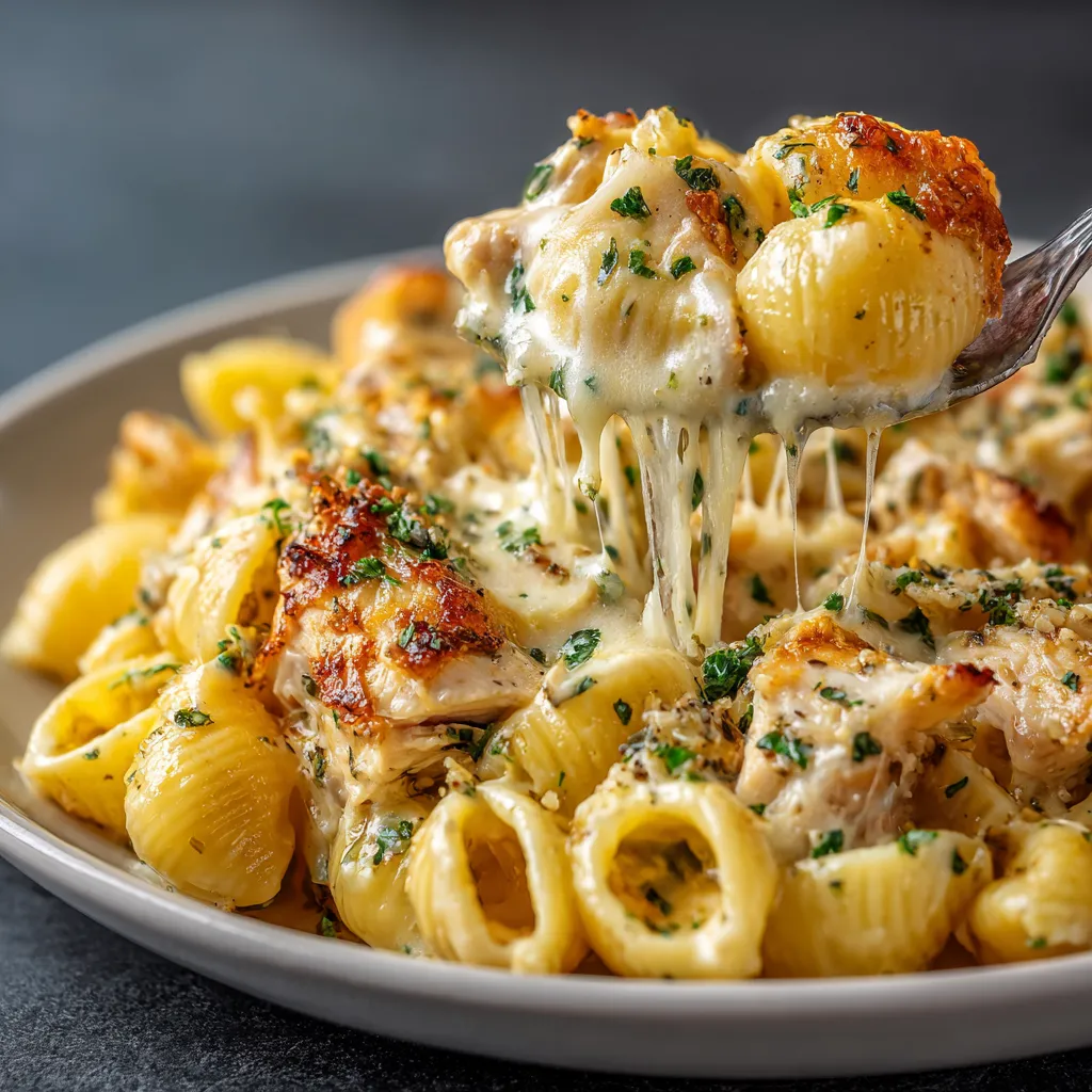 A plate of pasta with chicken and cheese.