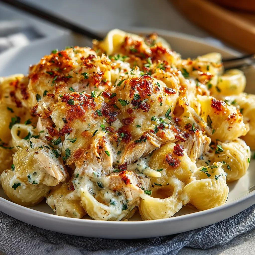 A plate of pasta with chicken and cheese.