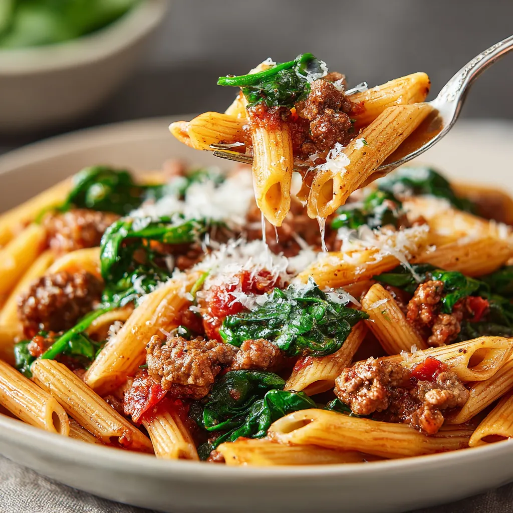 A plate of pasta with spinach and meat.