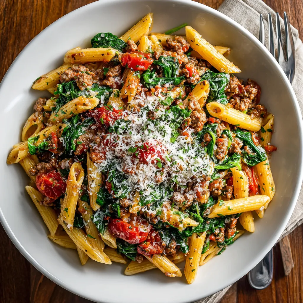 A bowl of pasta with ground beef and spinach.