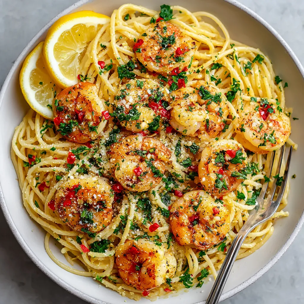 A bowl of spaghetti with shrimp and garlic.