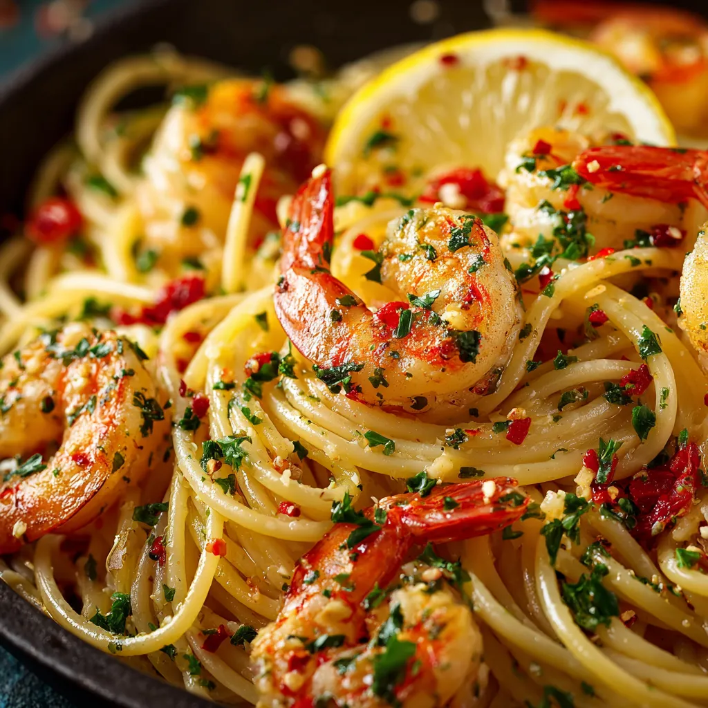 A bowl of spaghetti with shrimp and garlic.