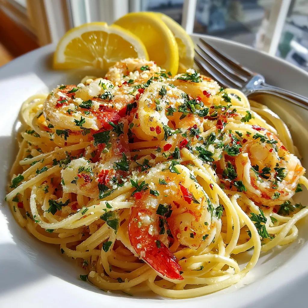 A plate of garlic shrimp spaghetti.