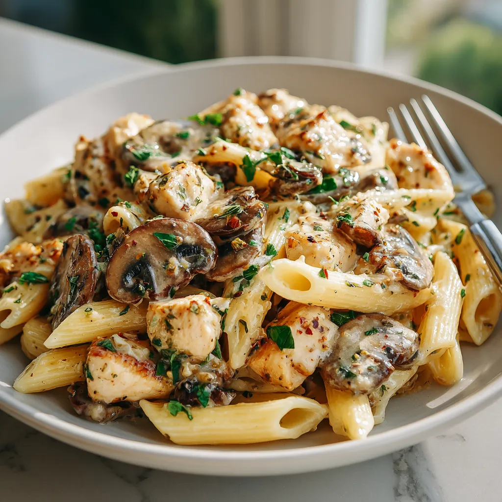 A plate of pasta with chicken and mushrooms.
