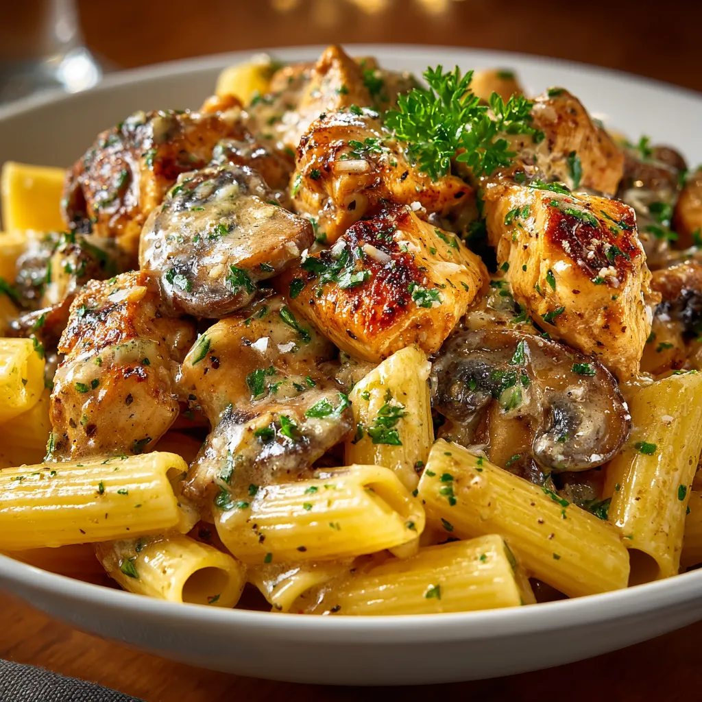 A plate of food with chicken, mushrooms, and pasta.
