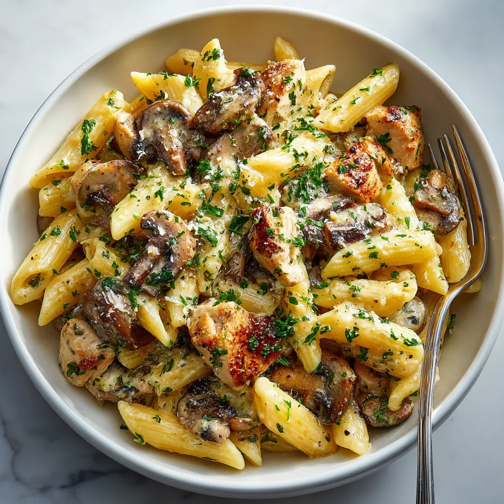 A bowl of pasta with chicken and mushrooms.