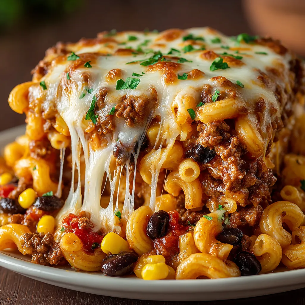 A plate of food with a one-pot taco beef and pasta dish.