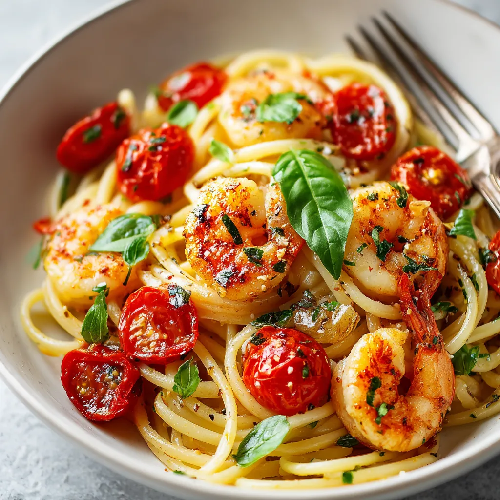 A bowl of pasta with shrimp, tomatoes, and basil.