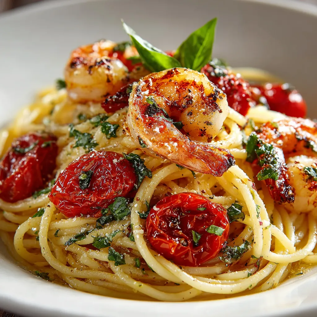 A bowl of pasta with shrimp and cherry tomatoes.