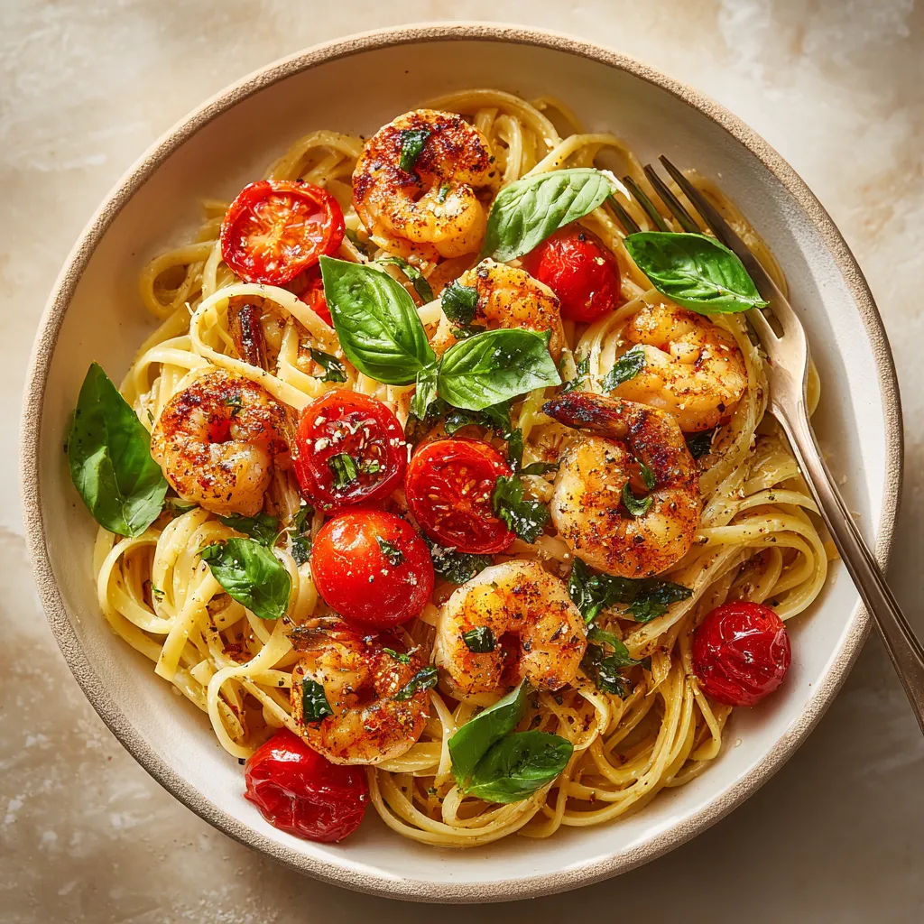 A bowl of pasta with shrimp and cherry tomatoes.