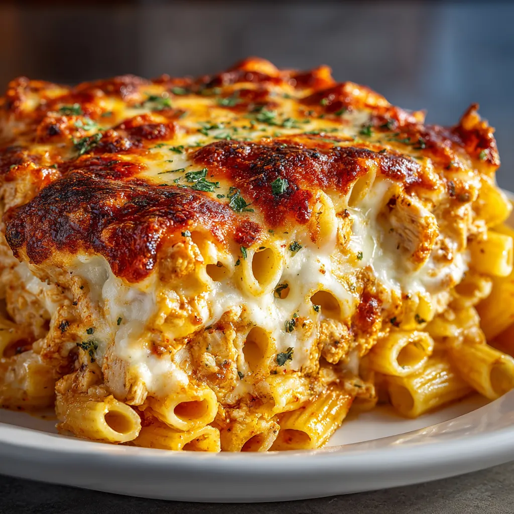 A plate of food with the words "Budget Chicken and Cheese Pasta Bake" written on it.